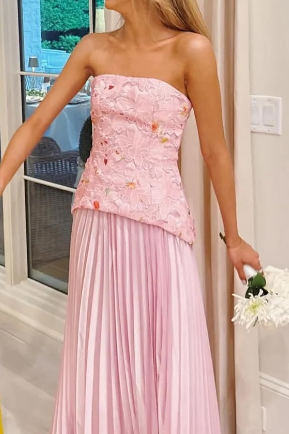 Charming A Line Strapless Pink Long Prom Dress with Embroidery