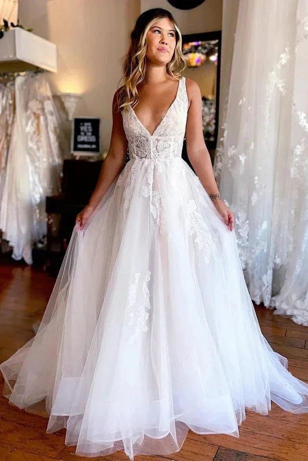 Charming A Line V Neck Tulle Beach Wedding Dresses with Appliques (ZD16153) - VelvetHem