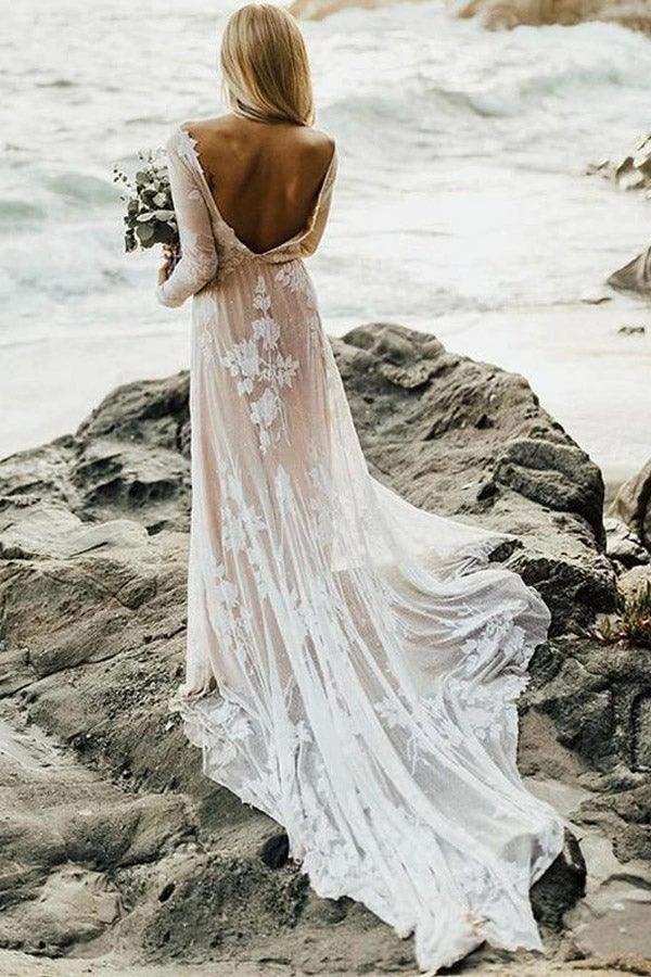 Charming Bateau Lace Long Sleeves Beach Wedding Dress (ZD15322) - VelvetHem