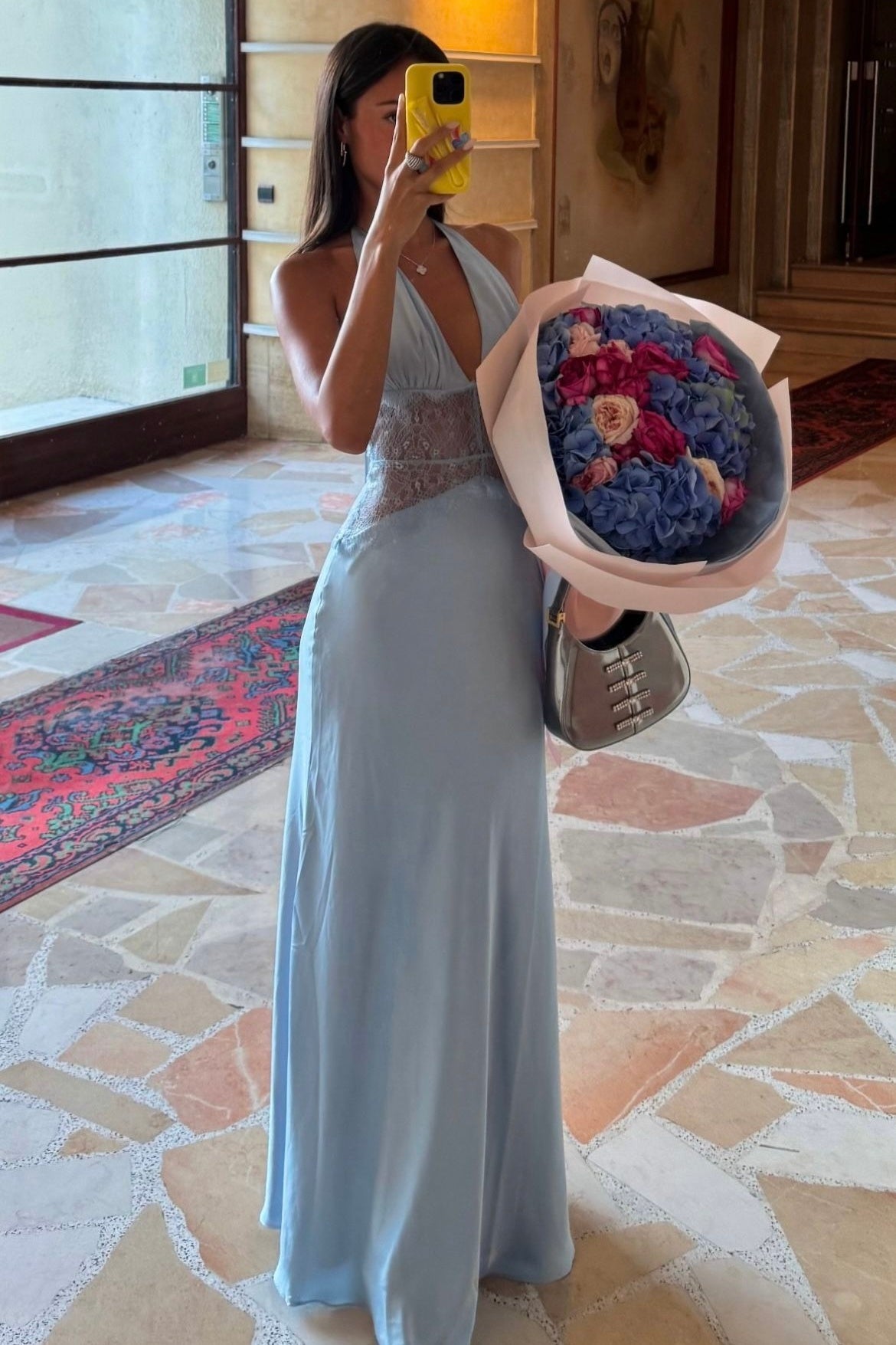 Hot Mermaid Halter Neck Light Blue Long Party Dress with Lace