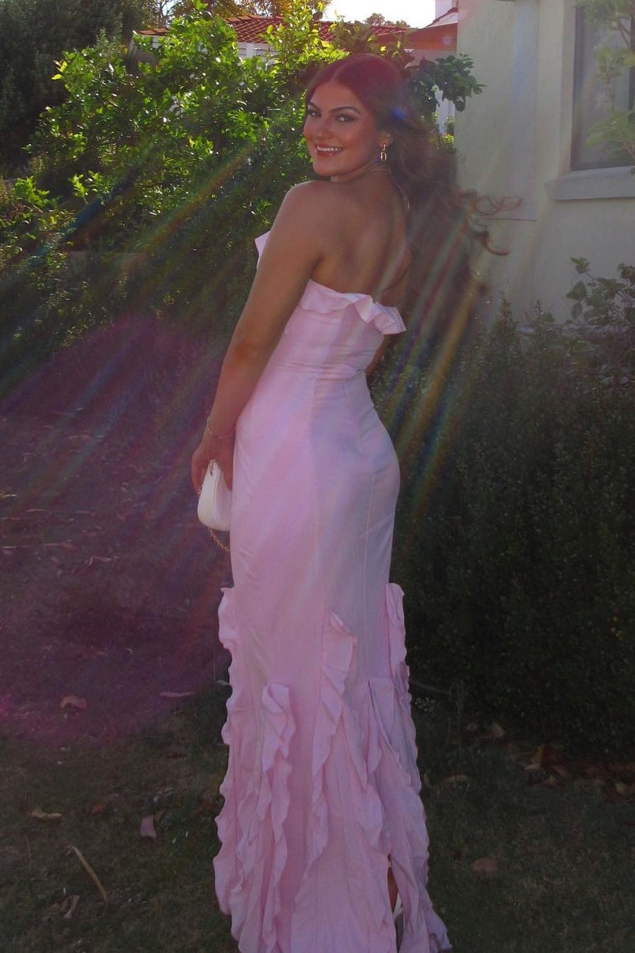 Charming Mermaid Halter Neck Pink Mermaid Long Prom Dress with Ruffles