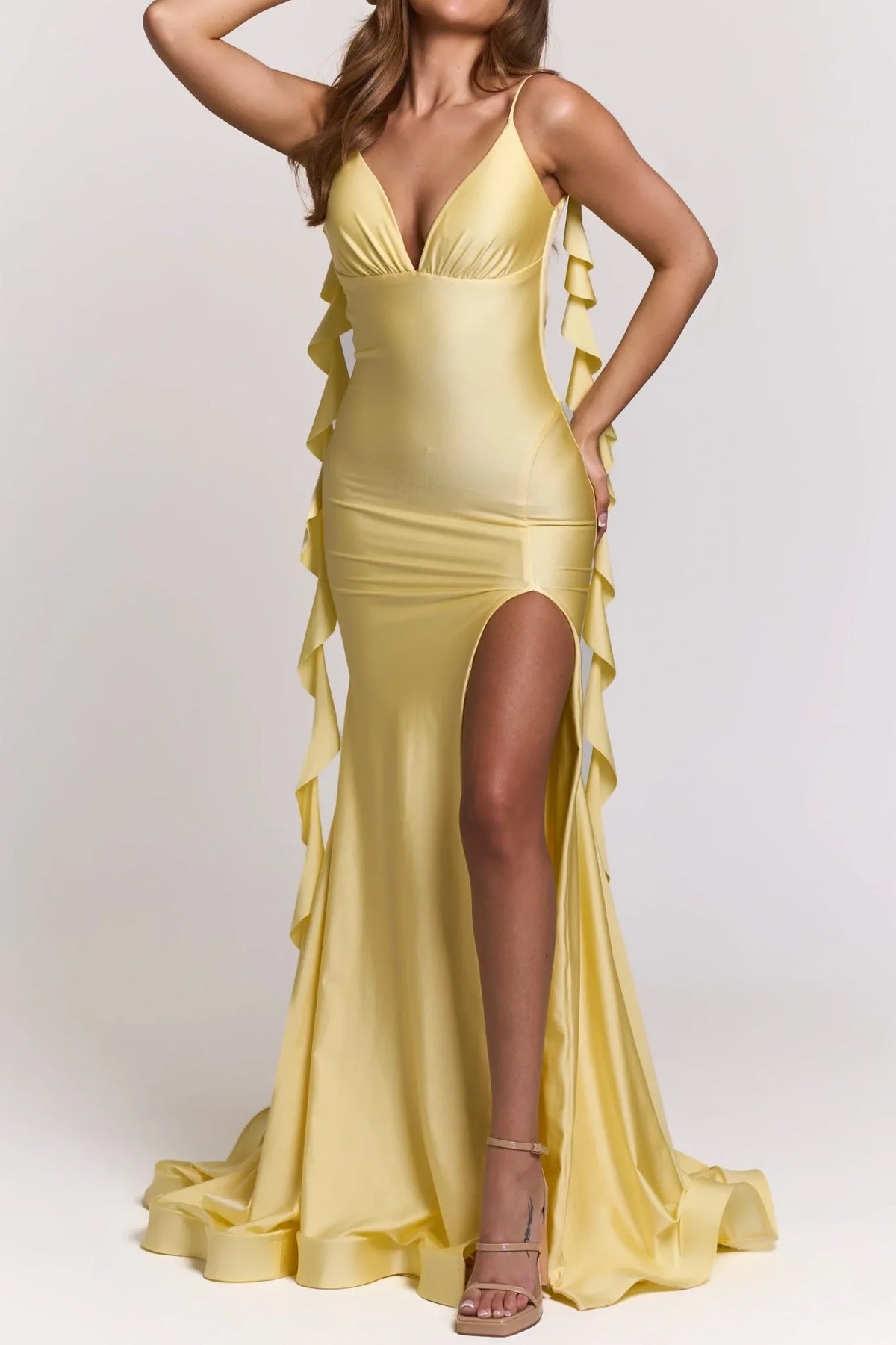 Charming Mermaid Spaghetti Straps Yellow Long Prom Dress with Open Back Ruffles