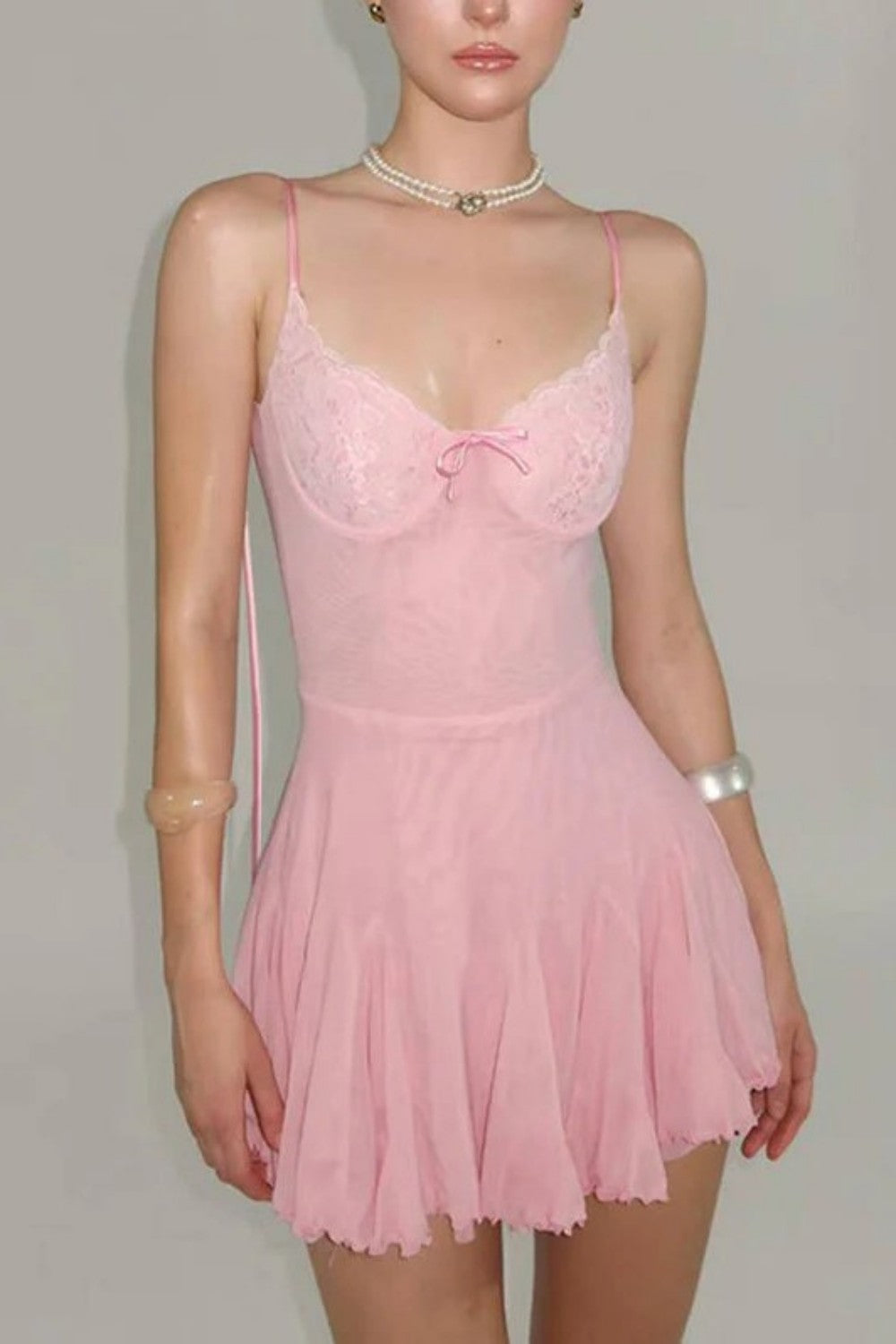 Charming Pink Lace Bust Bow Front Flowy Mini Homecoming Dress Style