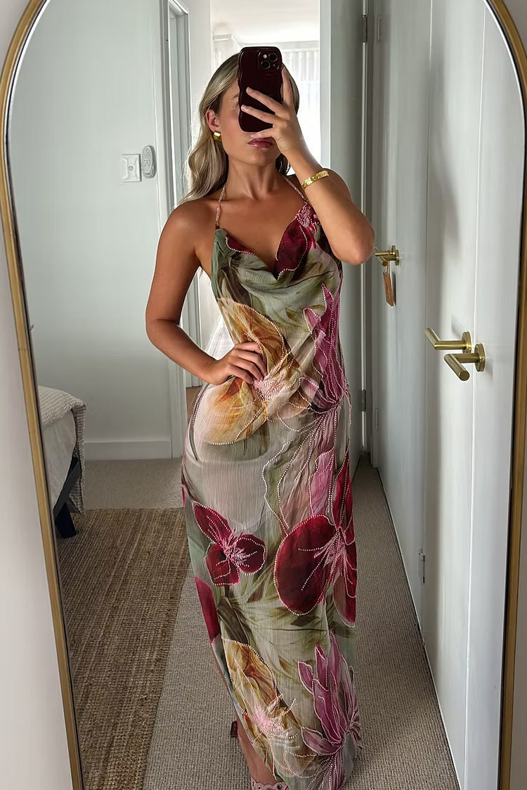 Charming Sheath Halter Neck Floral Printed Long Party Dress