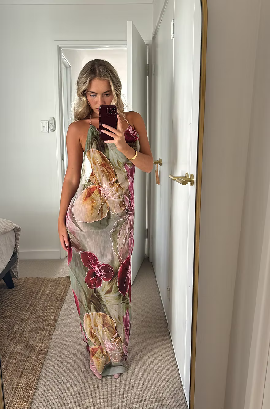 Charming Sheath Halter Neck Floral Printed Long Party Dress