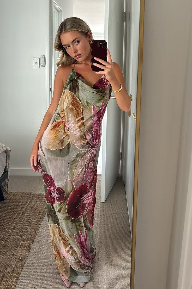 Charming Sheath Halter Neck Floral Printed Long Party Dress
