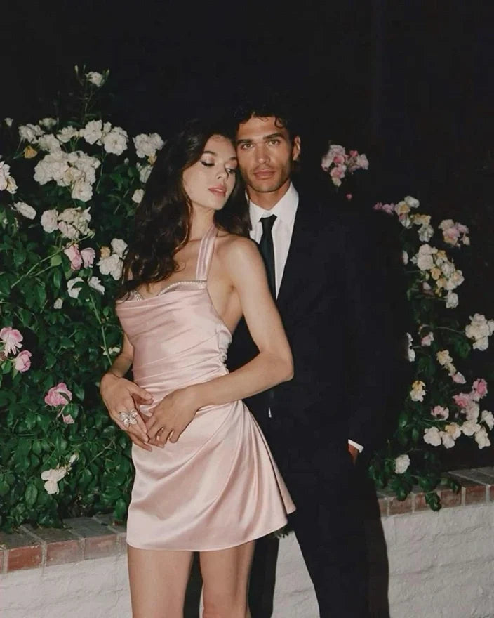 Charming Sheath Halter Neck Light Pink Short Homecoming Dress with Pearls