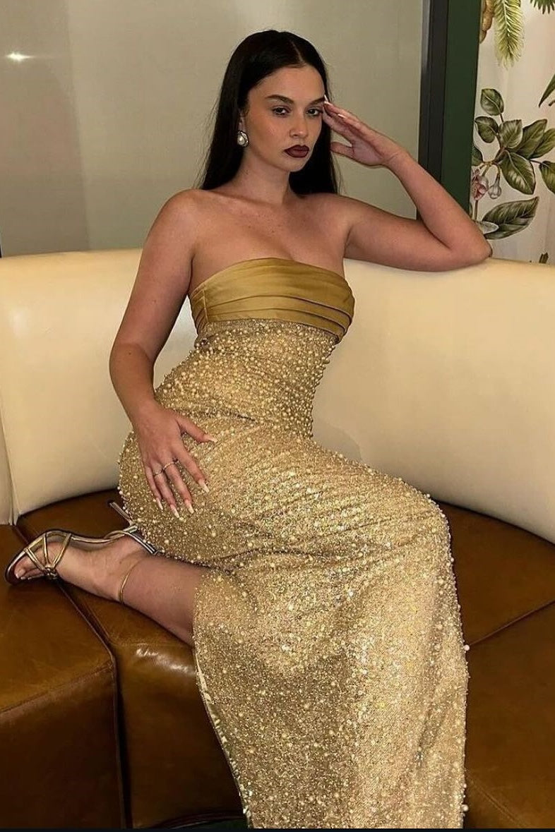 Charming Sheath Strapless Champagne Sequins Long Prom Dress with Ruched - View 2 | VelvetHem