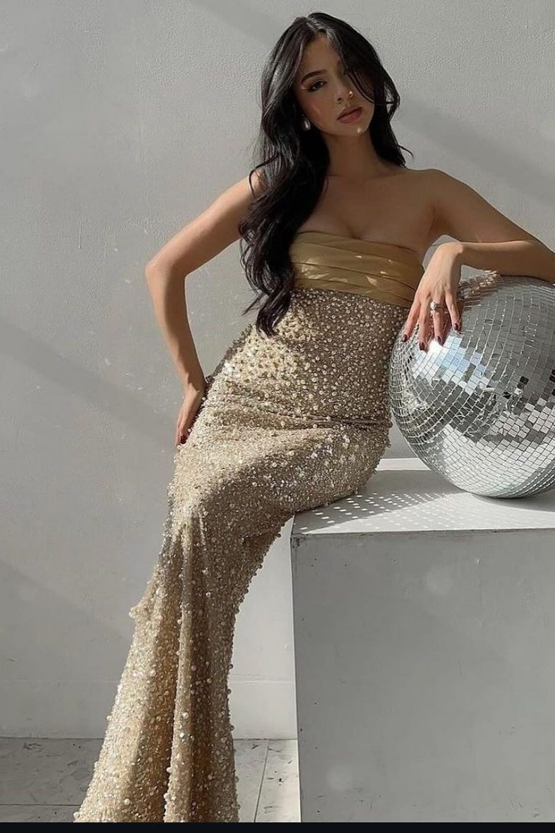 Charming Sheath Strapless Champagne Sequins Long Prom Dress with Ruched - View 3 | VelvetHem