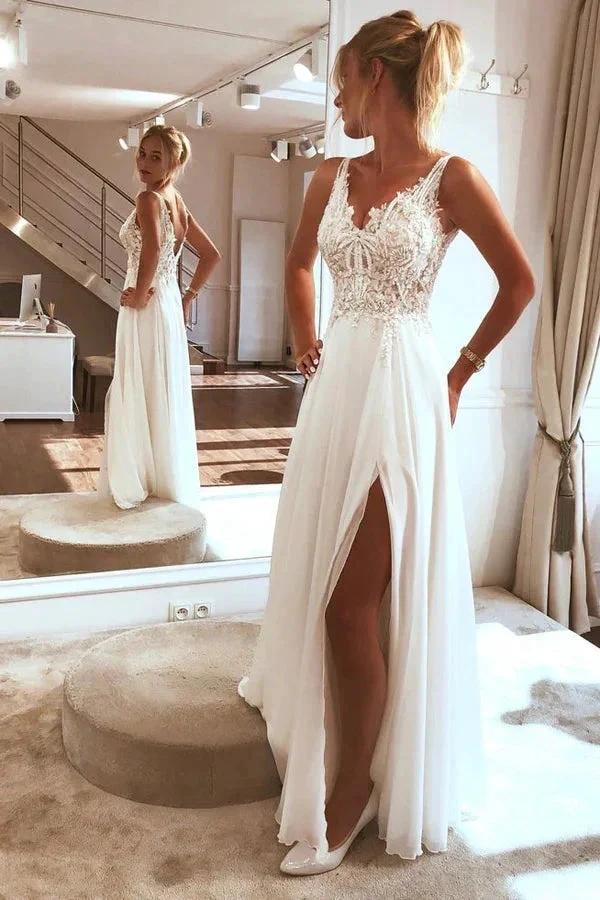 Charming Spaghetti straps Appliques Lace Split Beach Wedding Dress (ZD16390) - VelvetHem