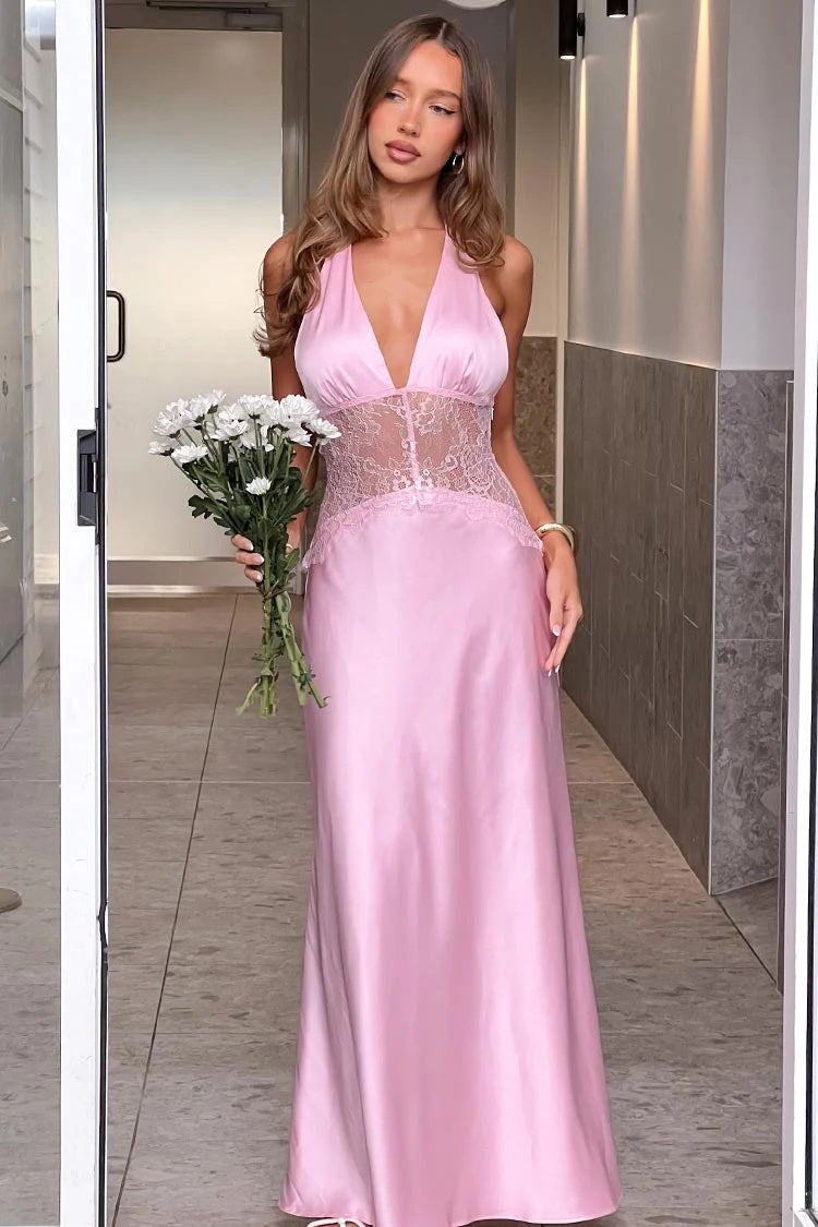 Hot Mermaid Halter Neck Light Blue Long Party Dress with Lace