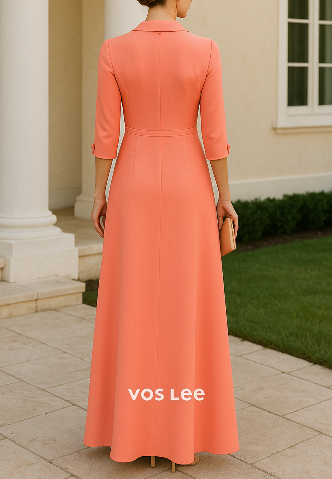 A-Line 3/4 Sleeve V Neck Floral Embossed Floor-Length Mother of Bride Dresses