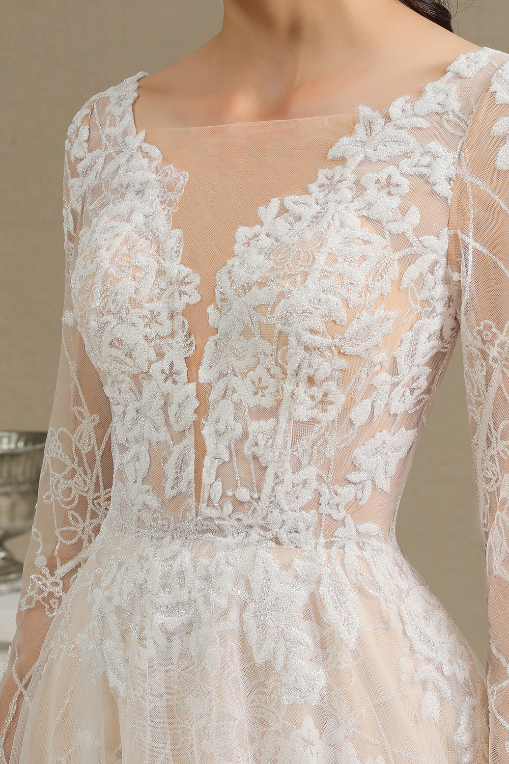 Chic A-line Tulle Lace Wedding Dress | Long Sleeves Ivory Bridal Gowns