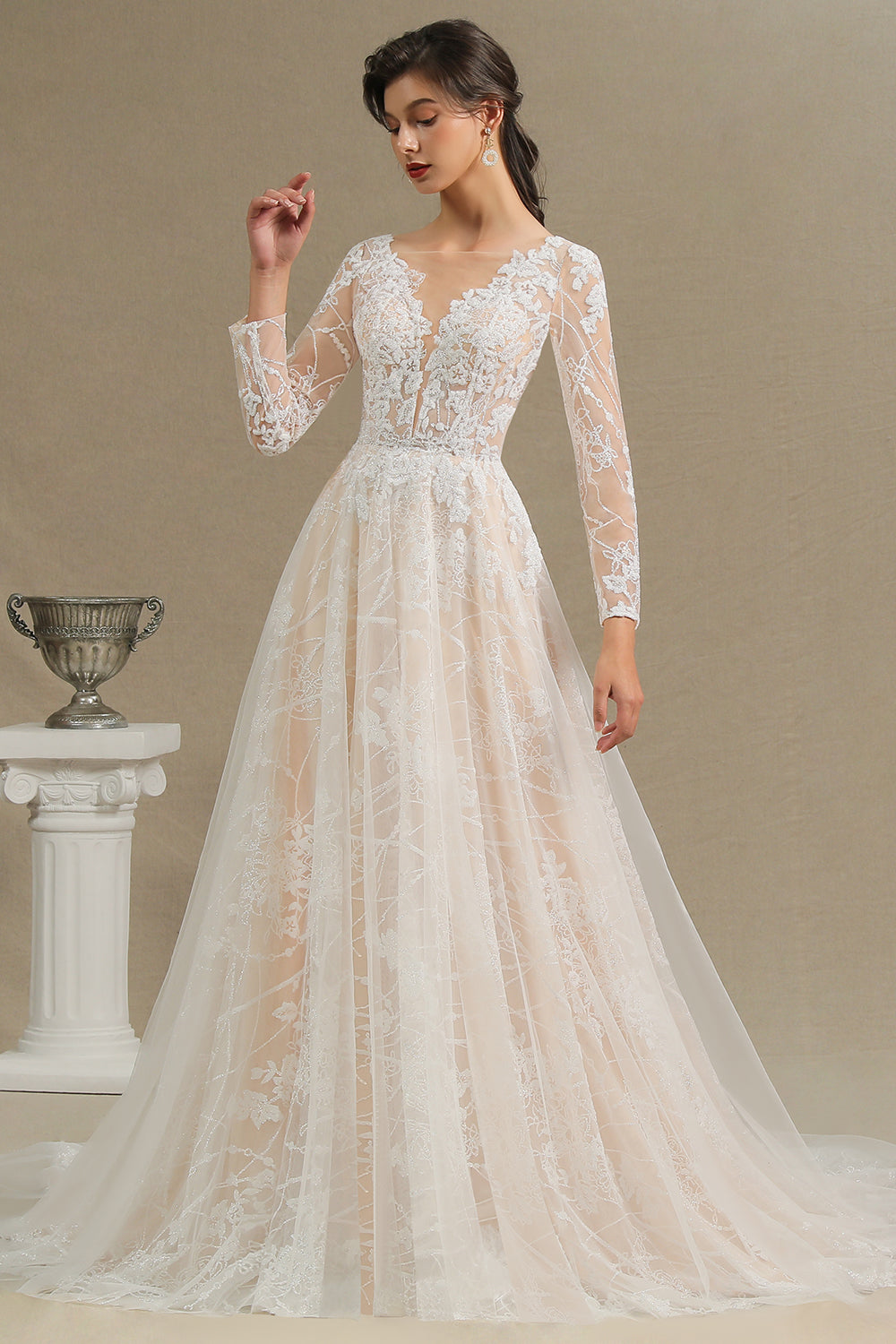 Chic A-line Tulle Lace Wedding Dress | Long Sleeves Ivory Bridal Gowns