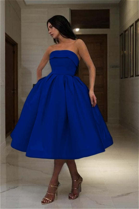 Chic Blue Strapless Sleeveless A Line Short Homecoming Dress With Pleated