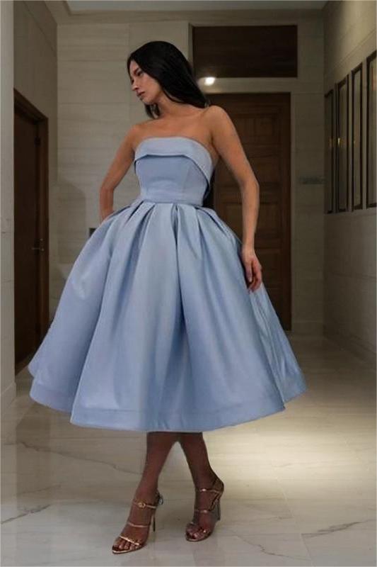 Chic Blue Strapless Sleeveless A Line Short Homecoming Dress With Pleated