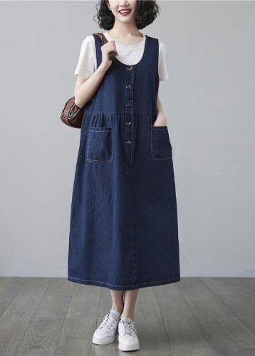 Chic Blue Summer Pockets Button Cotton Dresses