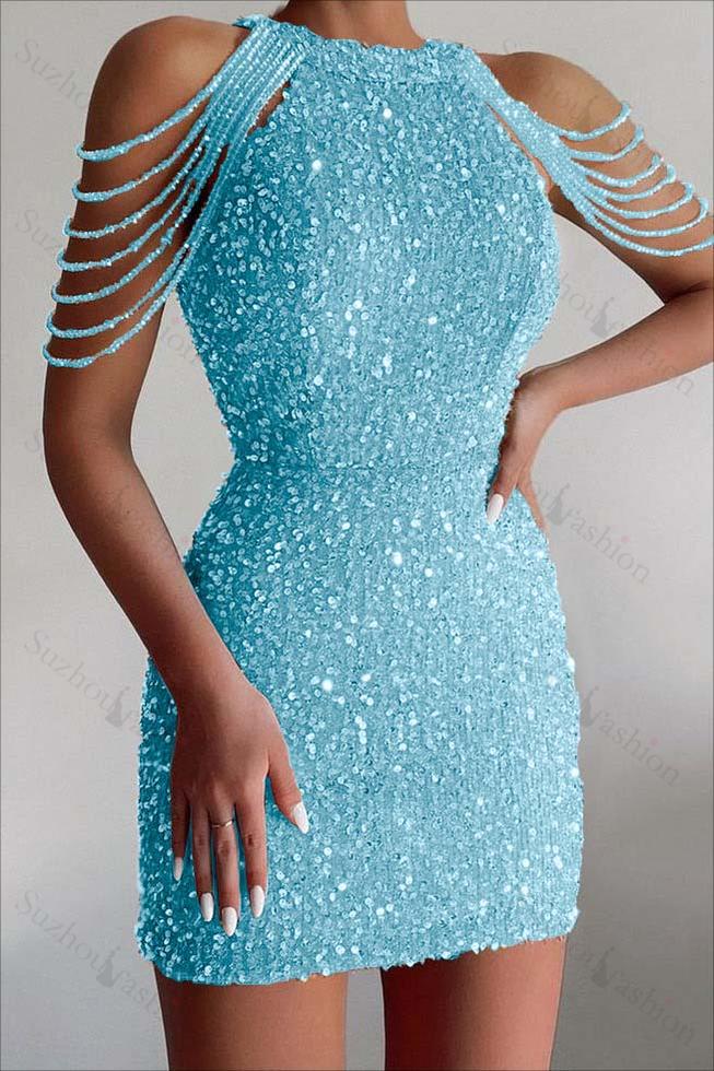 Chic Champagne Sequins Gold Jewel Neck Short Homecoming Dress With Beadings