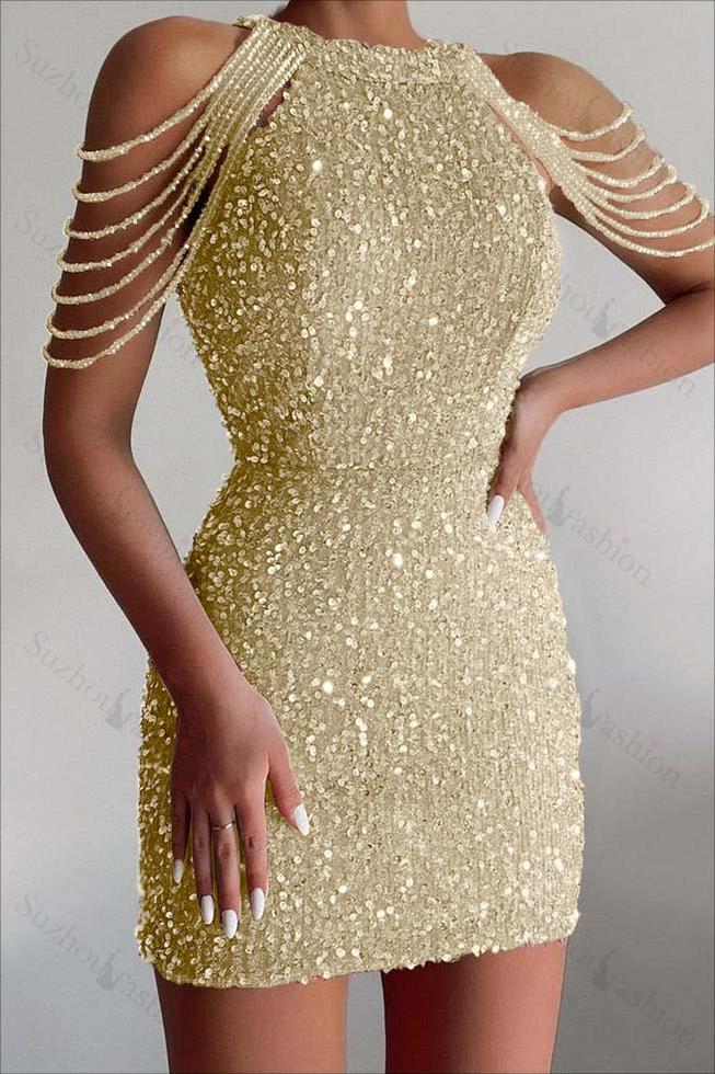 Chic Champagne Sequins Gold Jewel Neck Short Homecoming Dress With Beadings
