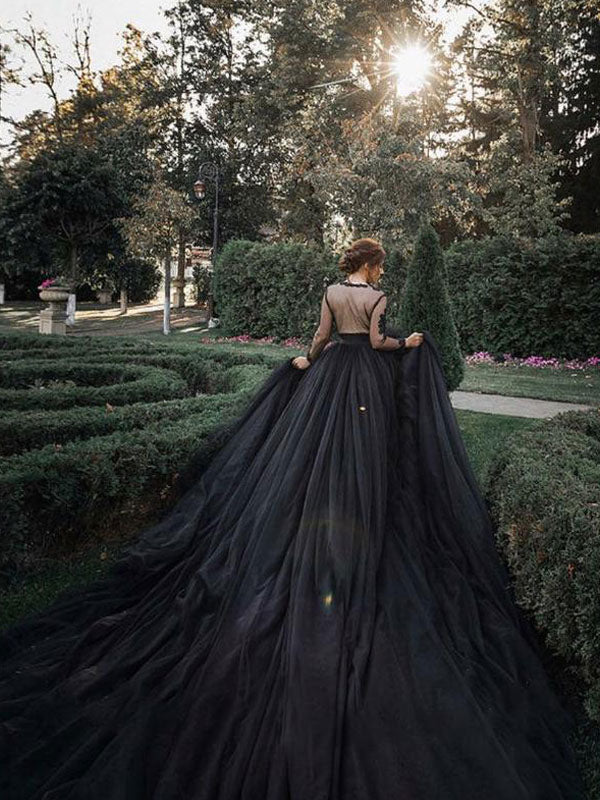 Chic Chiffon Sweetheart Long Sleeves Lace Black Split Wedding Dresses Long