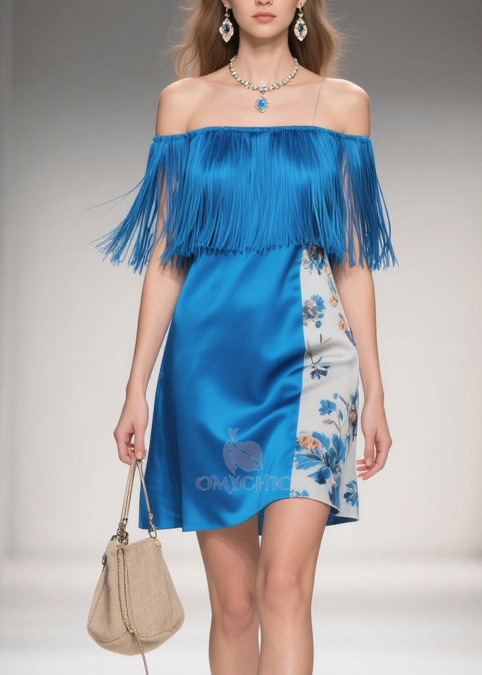 Chic Cold Shoulder Print Tassel Silk Mid Dress Summer