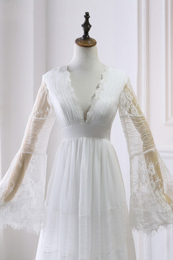 Chic Empire Lace Tulle Beach Wedding Dress | Long Sleeves V-Neck Appliques Bridal Gowns