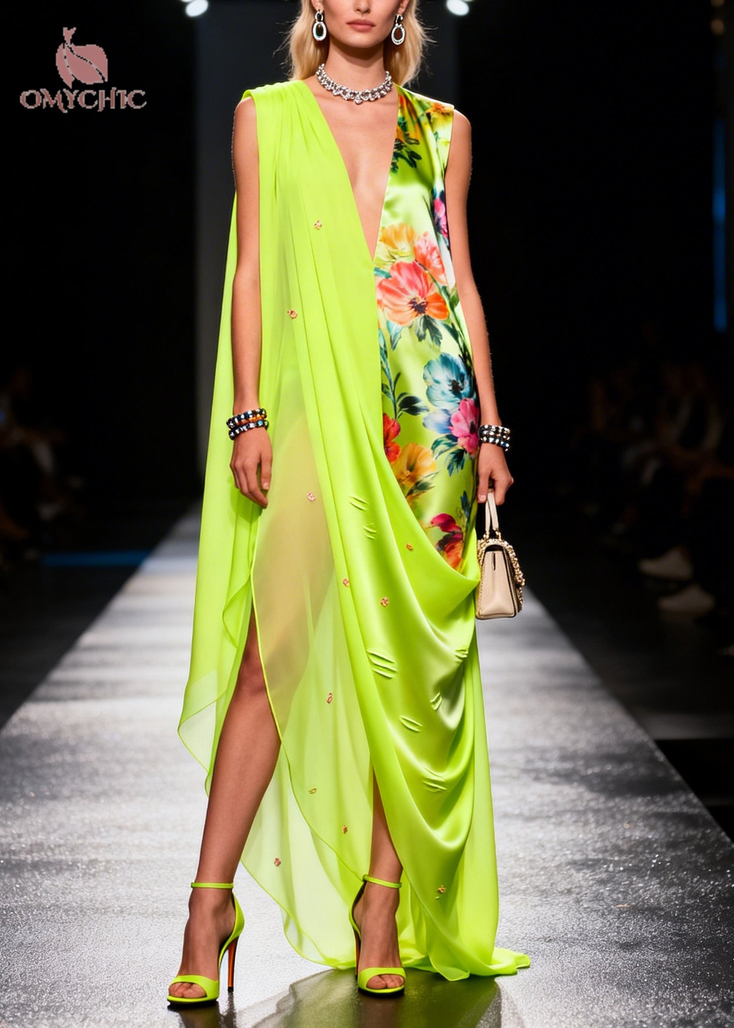 Chic Fluorescent Green Asymmetrical Print Chiffon Holiday Dress Summer