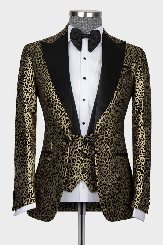 Chic Gold Jacquard Peaked Lapel 3 Piece Prom Suit