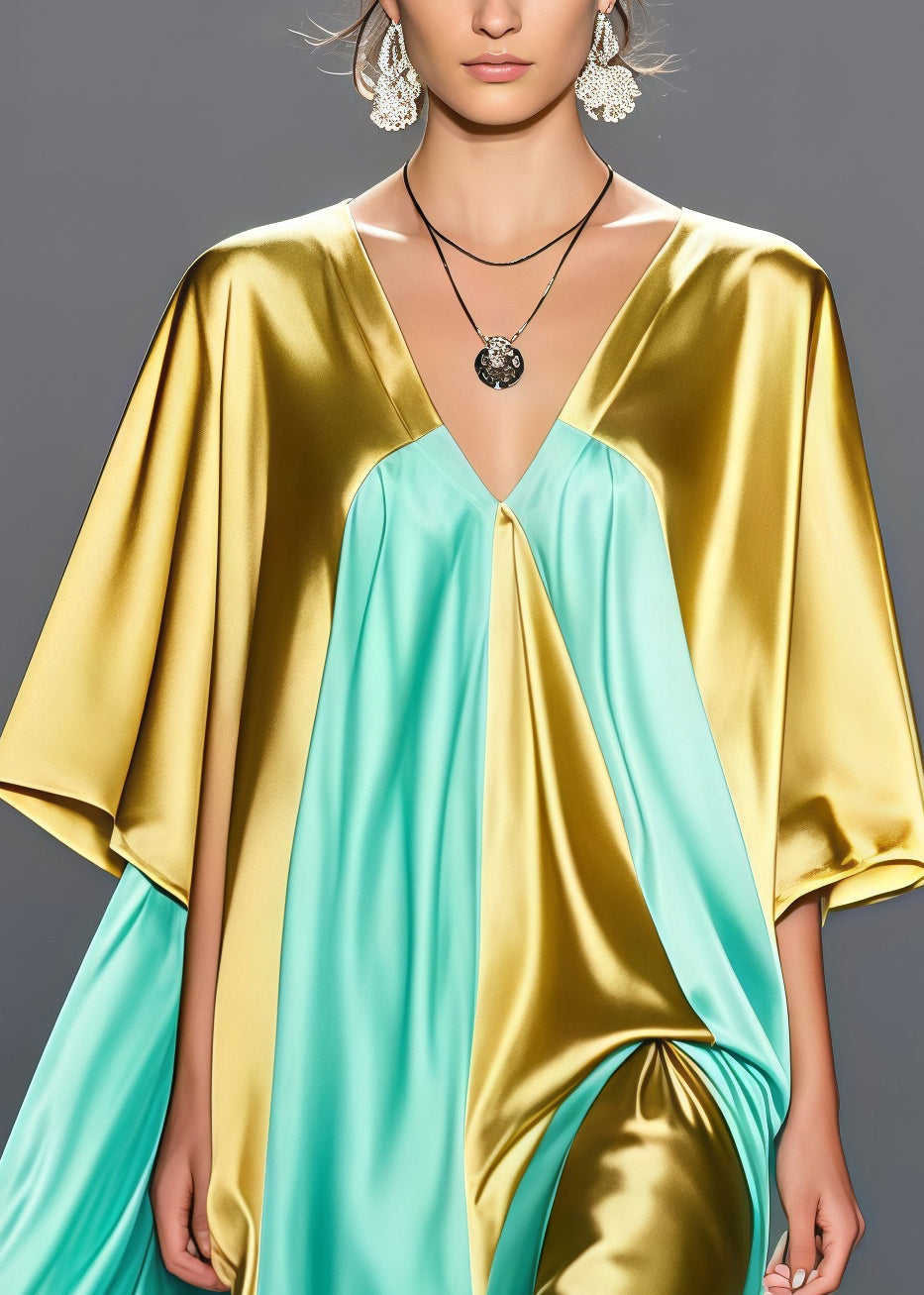 Chic Golden V Neck Patchwork Side Open Silk Long Dress Summer