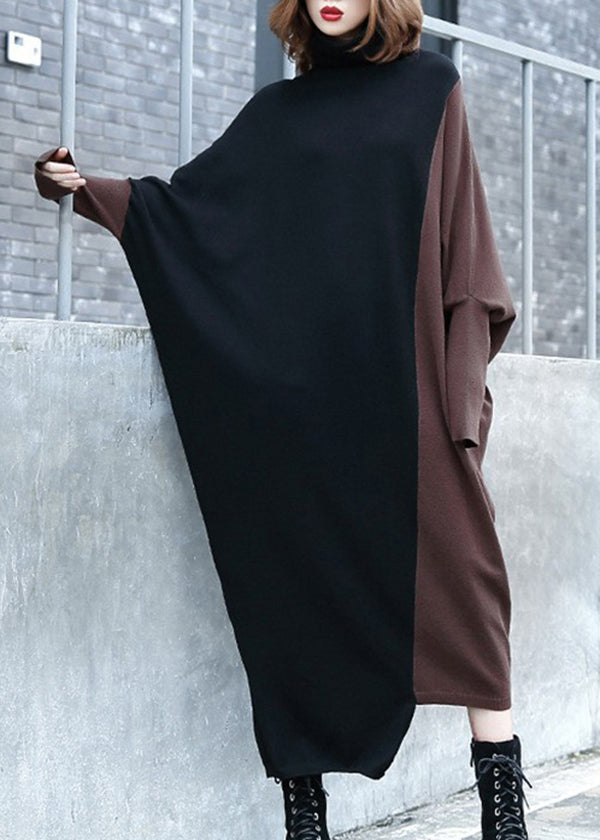 Chic Grey Hign Neck Patchwork Knitwear Dress Batwing Sleeve