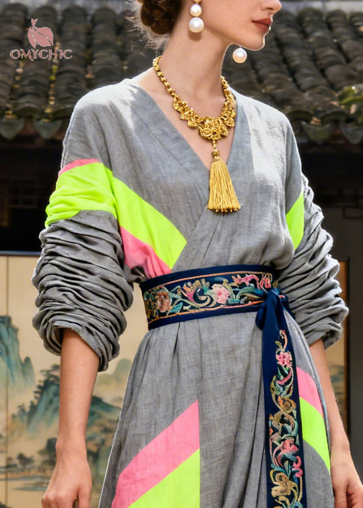 Chic Grey Tunic Patchwork Cotton Long Dresses Summer