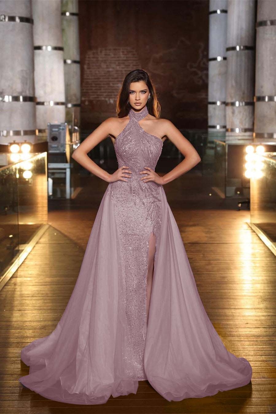 Chic Halter Sequined Sleeveless Evening Dress With Side Split Online
