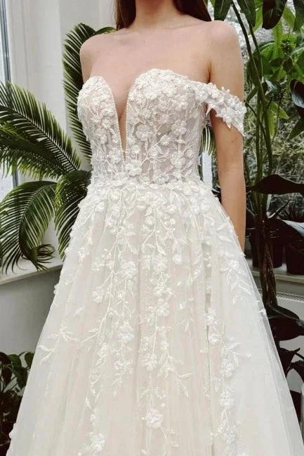 Chic Long Ivory A-line Off-the-shoulder V-neck Sleeveless Wedding Dress with Lace (ZD15571)