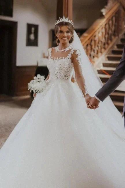 Chic Long White A-line Lace Tulle Wedding Dress with Long Sleeves (ZD15591) - VelvetHem