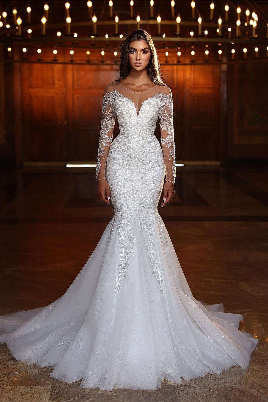 Chic Long White Mermaid Lace Beaded Tulle Long Sleeve Wedding Dress (ZD17473)