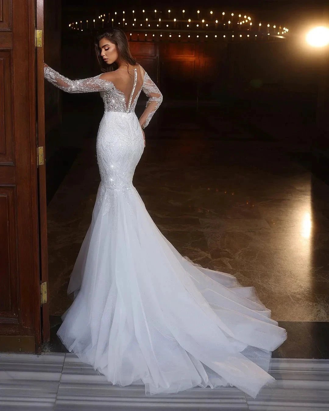 Chic Long White Mermaid Lace Beading Tulle Long Sleeves Wedding Dress (ZD15673)