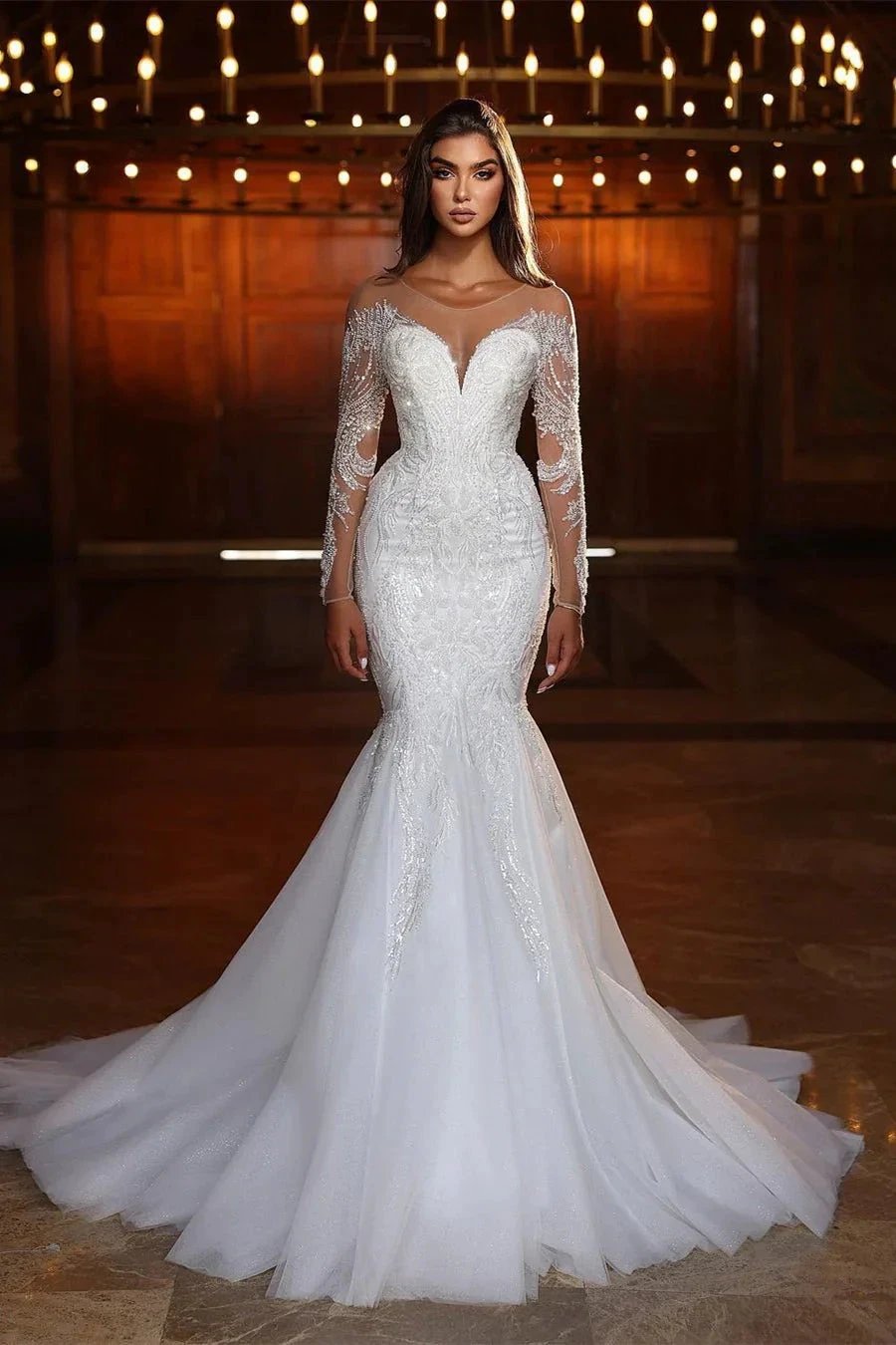 Chic Long White Mermaid Lace Beading Tulle Long Sleeves Wedding Dress (ZD15673)