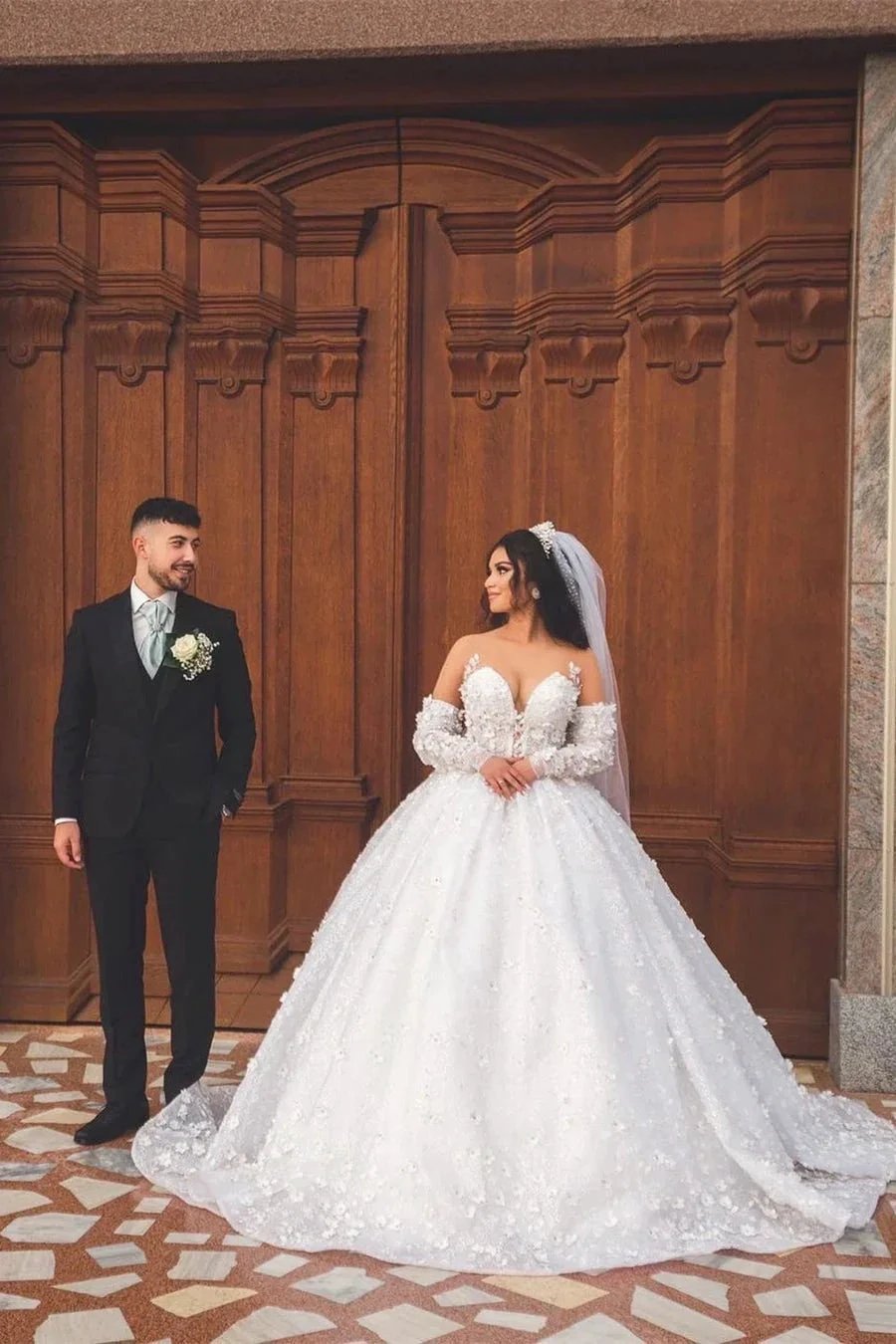Chic Long White V-neck A-line Appliques Wedding Dress With Sleeves And Train (ZD15652) - VelvetHem