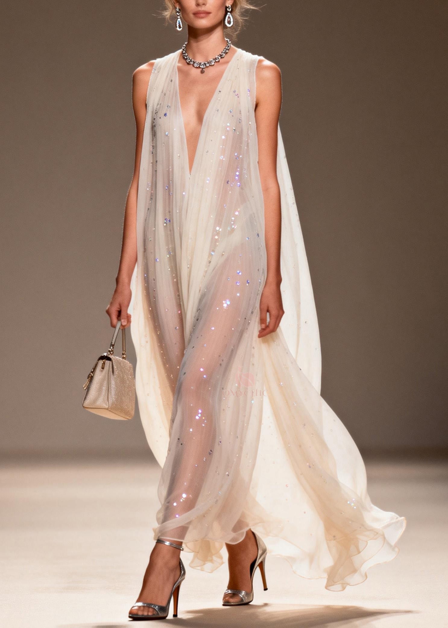 Chic Loose V Neck Zircon Chiffon Dress Sleeveless