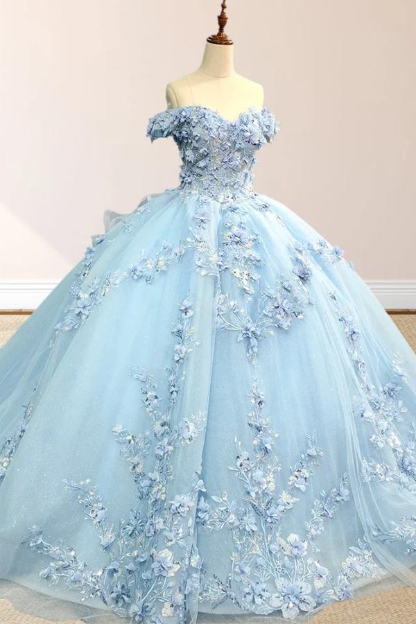 Chic & Modern Ball Gown Off Shoulder 3D Flower Appliques Lace Up Sweep Train Baby Blue Tulle Quinceanera Dress Birthday Party Dress For Sweet 16