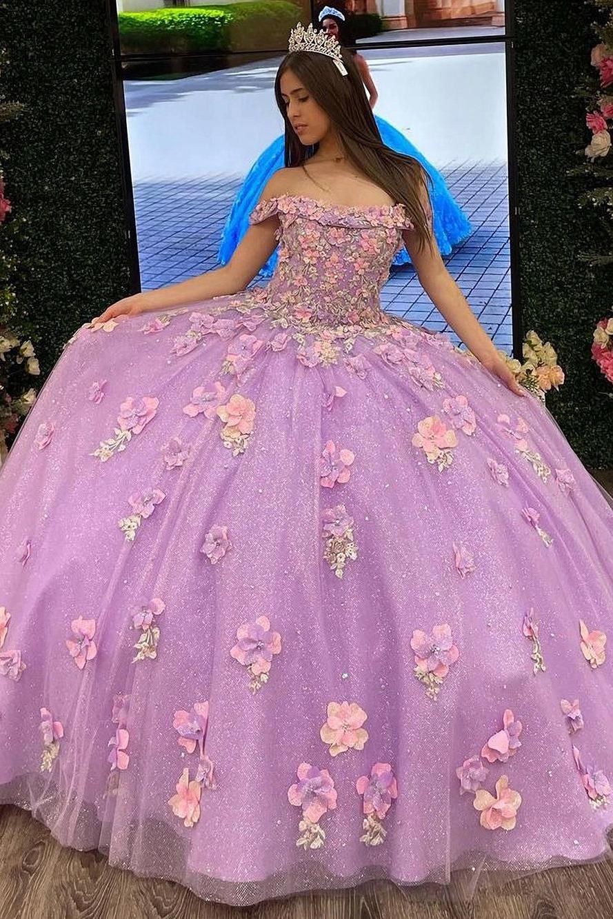 Chic & Modern Ball Gown Off Shoulder 3D Flower Appliques Sequins Lilac Tulle Formal Evening Partyquinceanera Dress Princess For Sweet 16