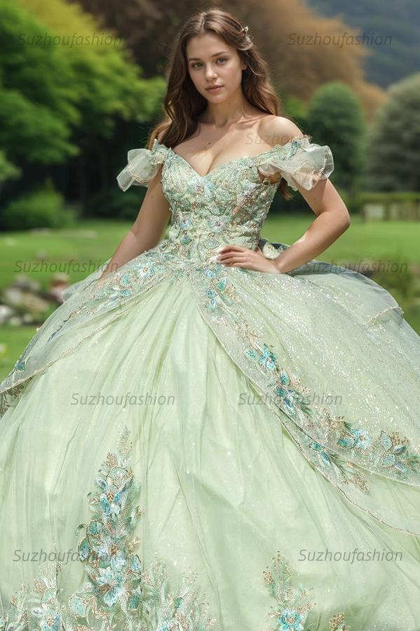 Chic & Modern Ball Gown Off Shoulder Flower Appliques Lace Up Bow Knot Mint Green Tulle Quinceanera Dress Birthday Party Dress For Sweet 16