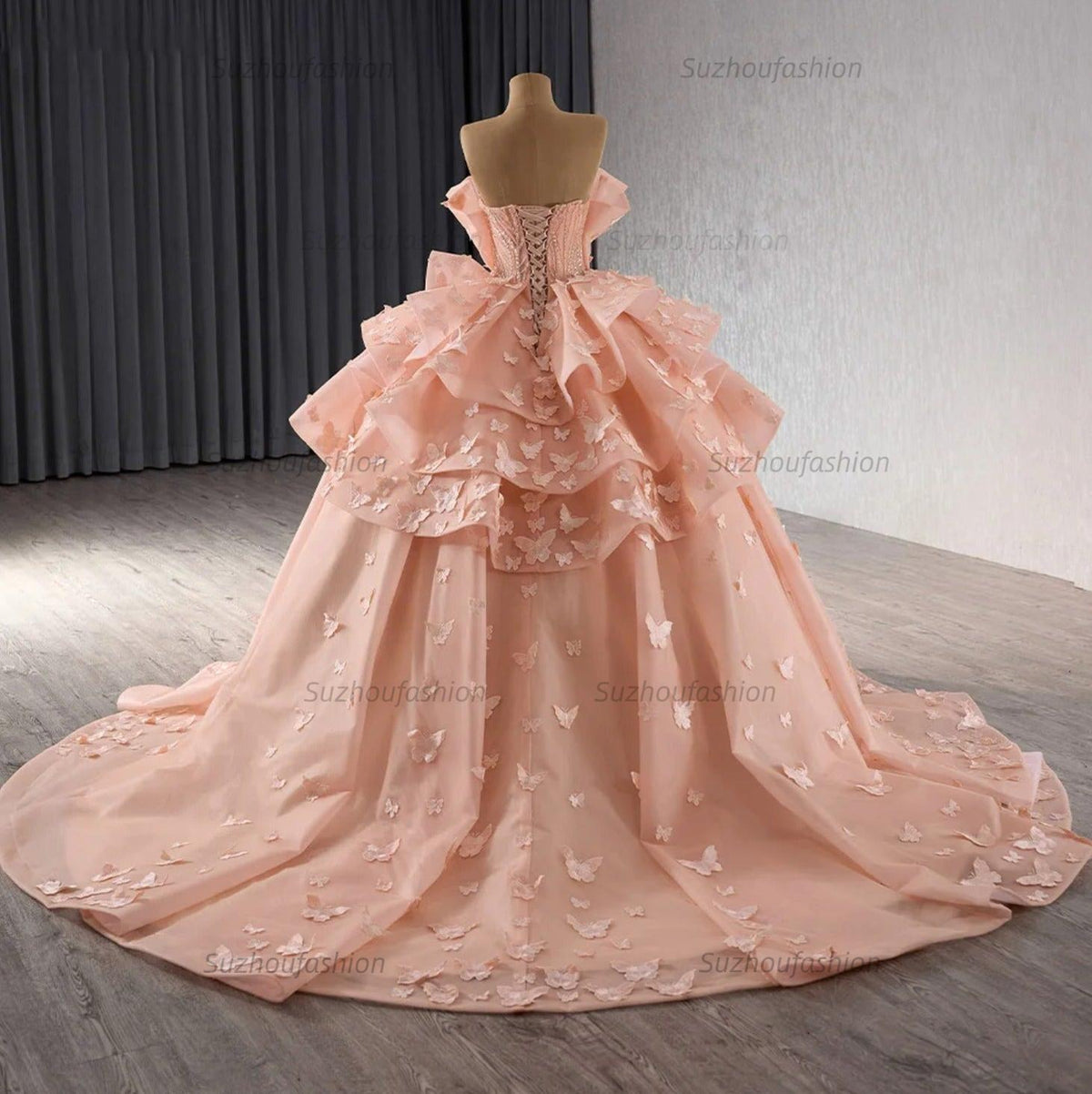 Chic & Modern Ball Gown Strapless 3D Butterfly Appliques Beaded Tiered Pink Tulle Princess Birthday Party Gown Quinceanera Dress For Sweet 16