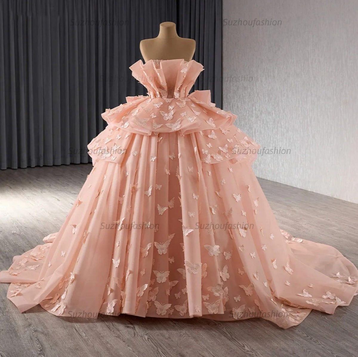 Chic & Modern Ball Gown Strapless 3D Butterfly Appliques Beaded Tiered Pink Tulle Princess Birthday Party Gown Quinceanera Dress For Sweet 16