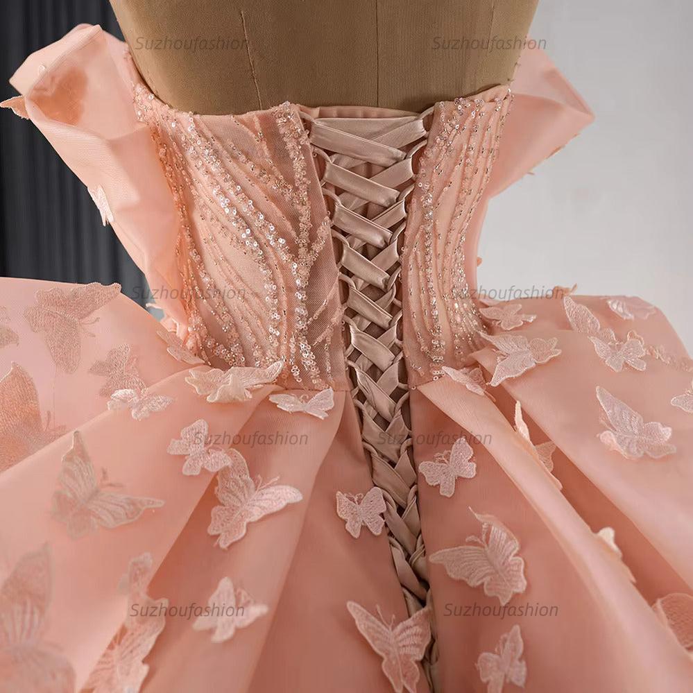 Chic & Modern Ball Gown Strapless 3D Butterfly Appliques Beaded Tiered Pink Tulle Princess Birthday Party Gown Quinceanera Dress For Sweet 16