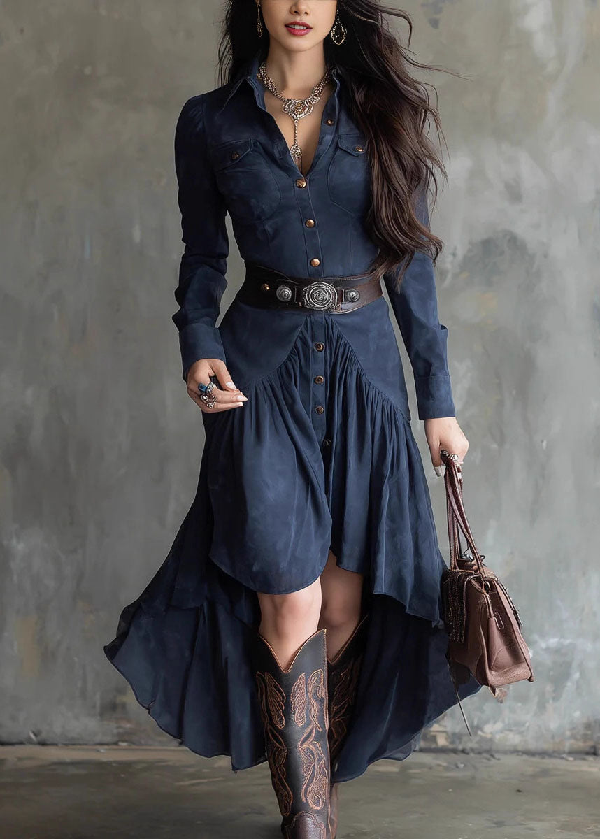 Chic Navy Asymmetrical Design Patchwork Faux Suede Dresses Fall