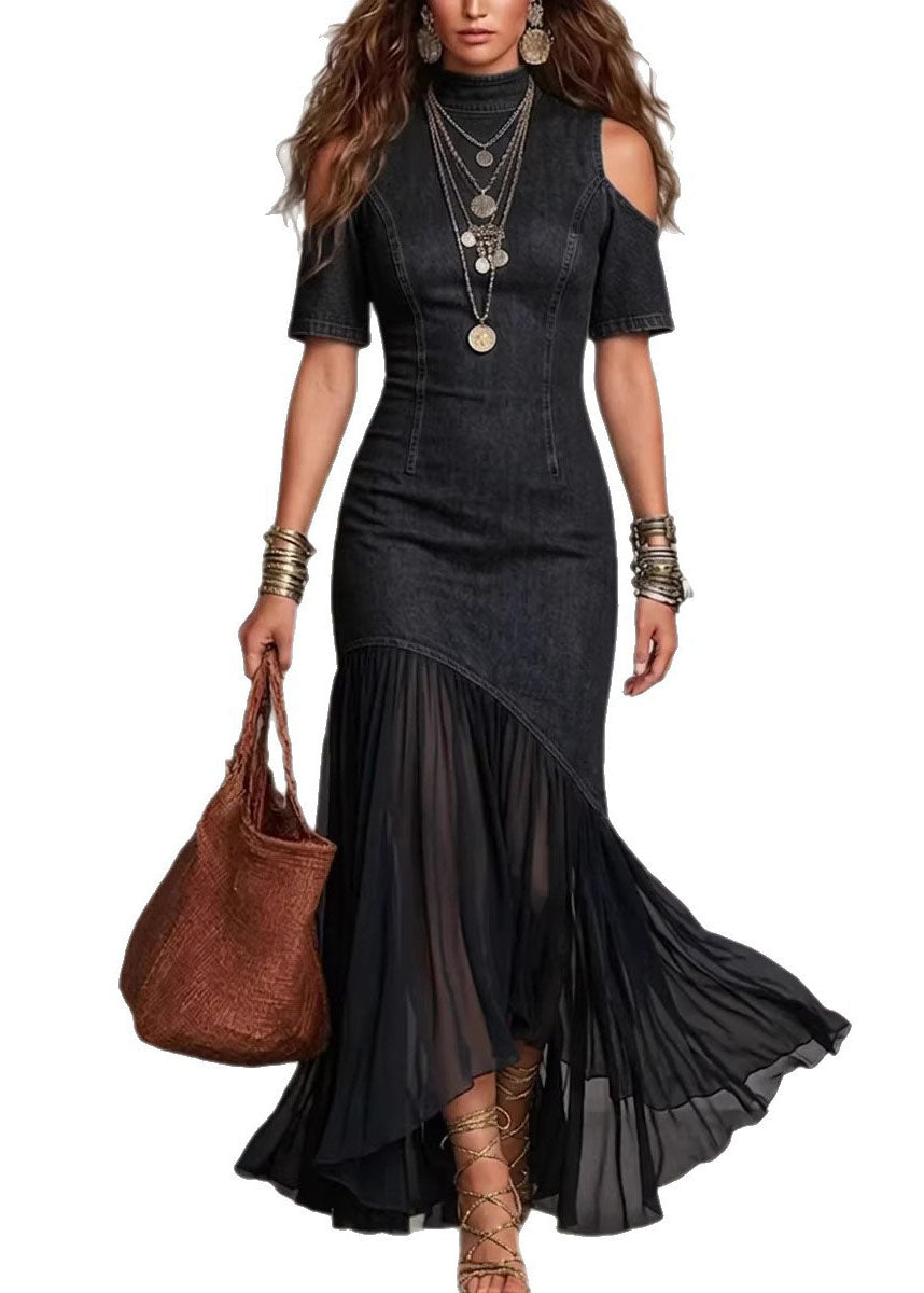 Chic Navy Cold Shoulder Tulle Patchwork Denim Dress Summer