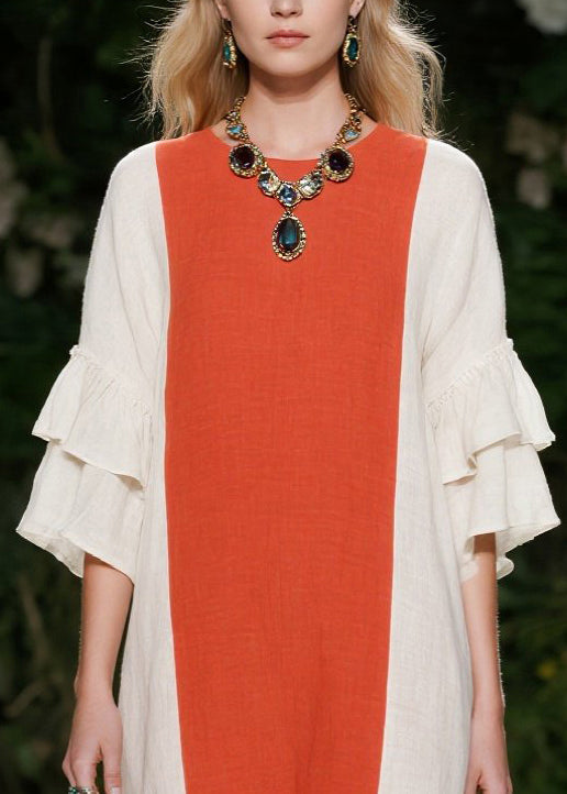 Chic Orange Oversized Patchwork Cotton Maxi Dresses Flare Sleeve
