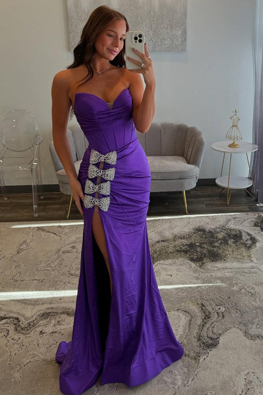 Chic Purple Prom Dress Corset Sweetheart Mermaid Formal Dress With Slit