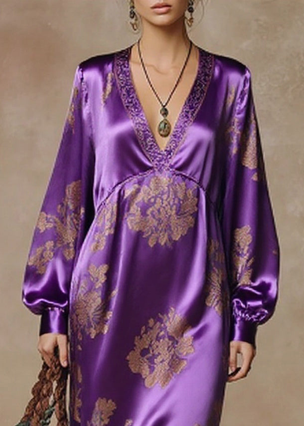 Chic Purple Tasseled Print High Waist Silk Dresses Spring